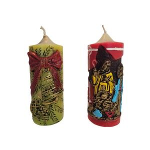 Vintage 70s Candles Christmas Nativity Bell Red Green Kitch Set of 2 Not Burned